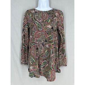 J Jill Top XS Black Paisley Tunic Flowy Long Sleeve Bohemian Retro Red Green